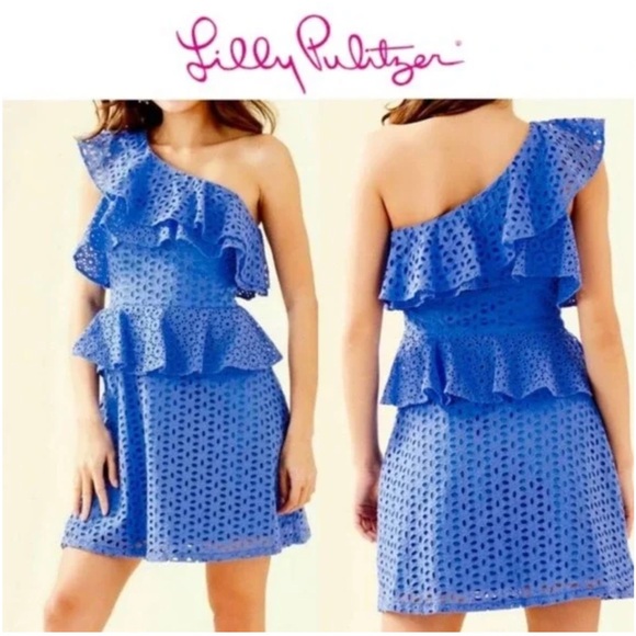 NWT Lilly Pulitzer Blue Josey Eyelet One Shoulder Dress Size 00 - Picture 2 of 4